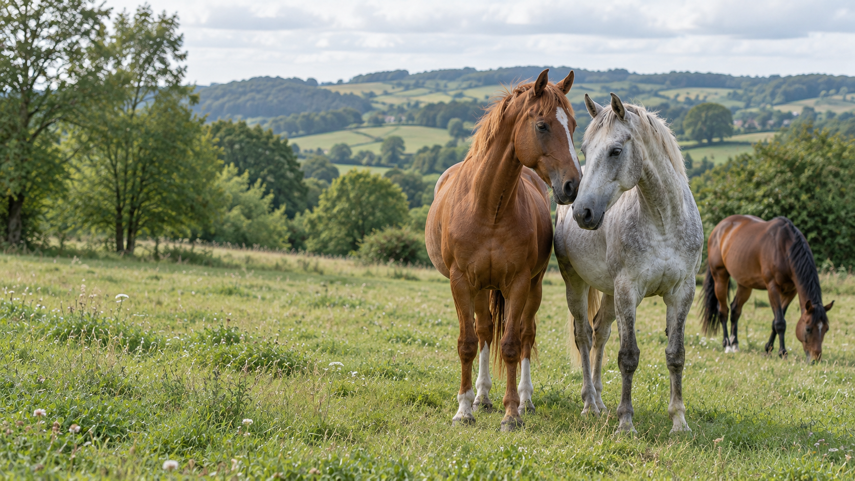 Drei entspannte Pferde auf einer grünen Weide in hügeliger Landschaft